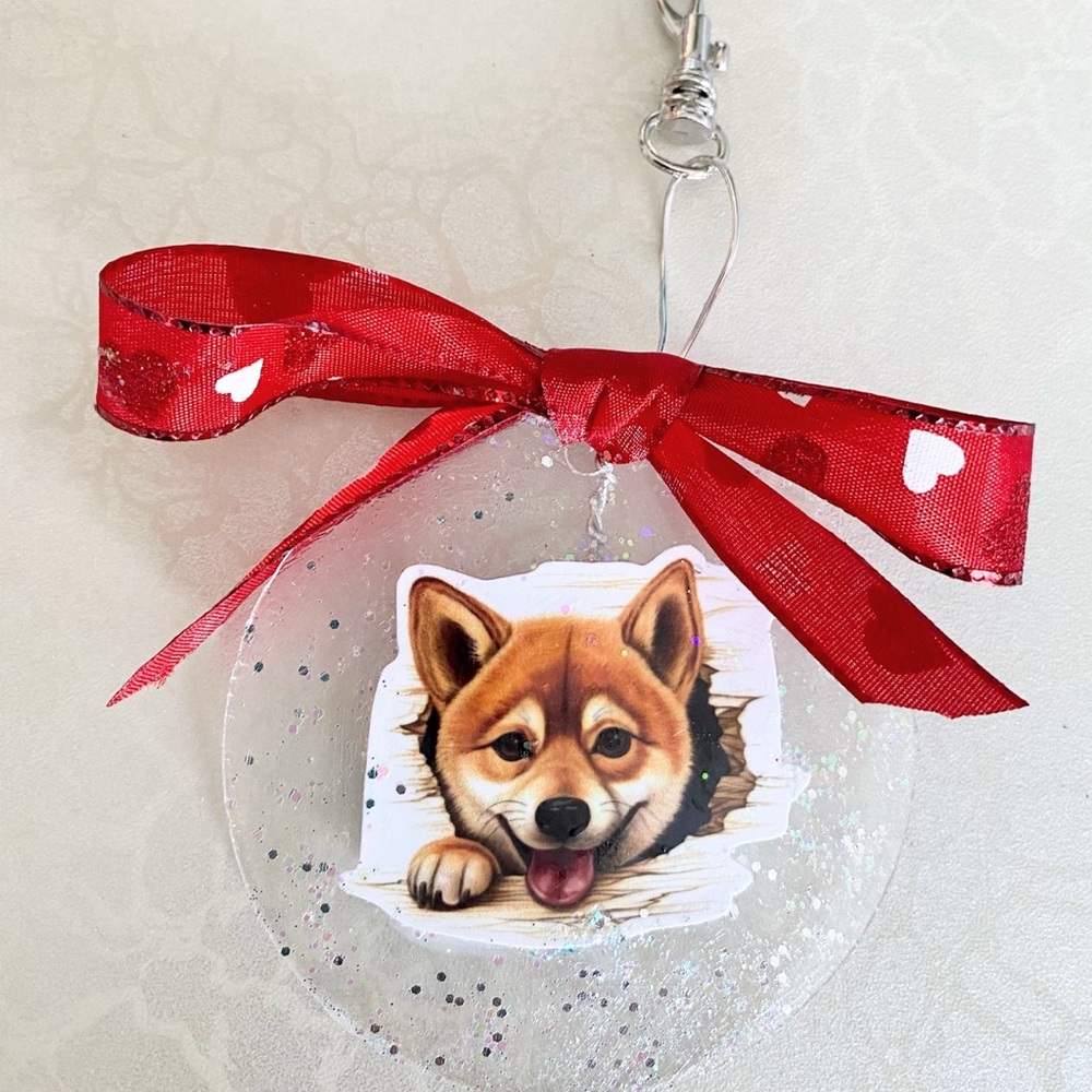 Shiba Inu Clear Acrylic Ornament or Purse Charm / Keychain with Red Heart Ribbon